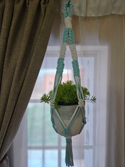 Knotted Duet Macramé Plant Hanger - Snow White and Teacup Teal