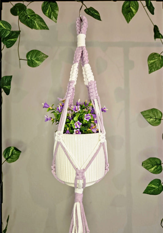 Knotted Duet Macramé Plant Hanger - Lavender and Snow White