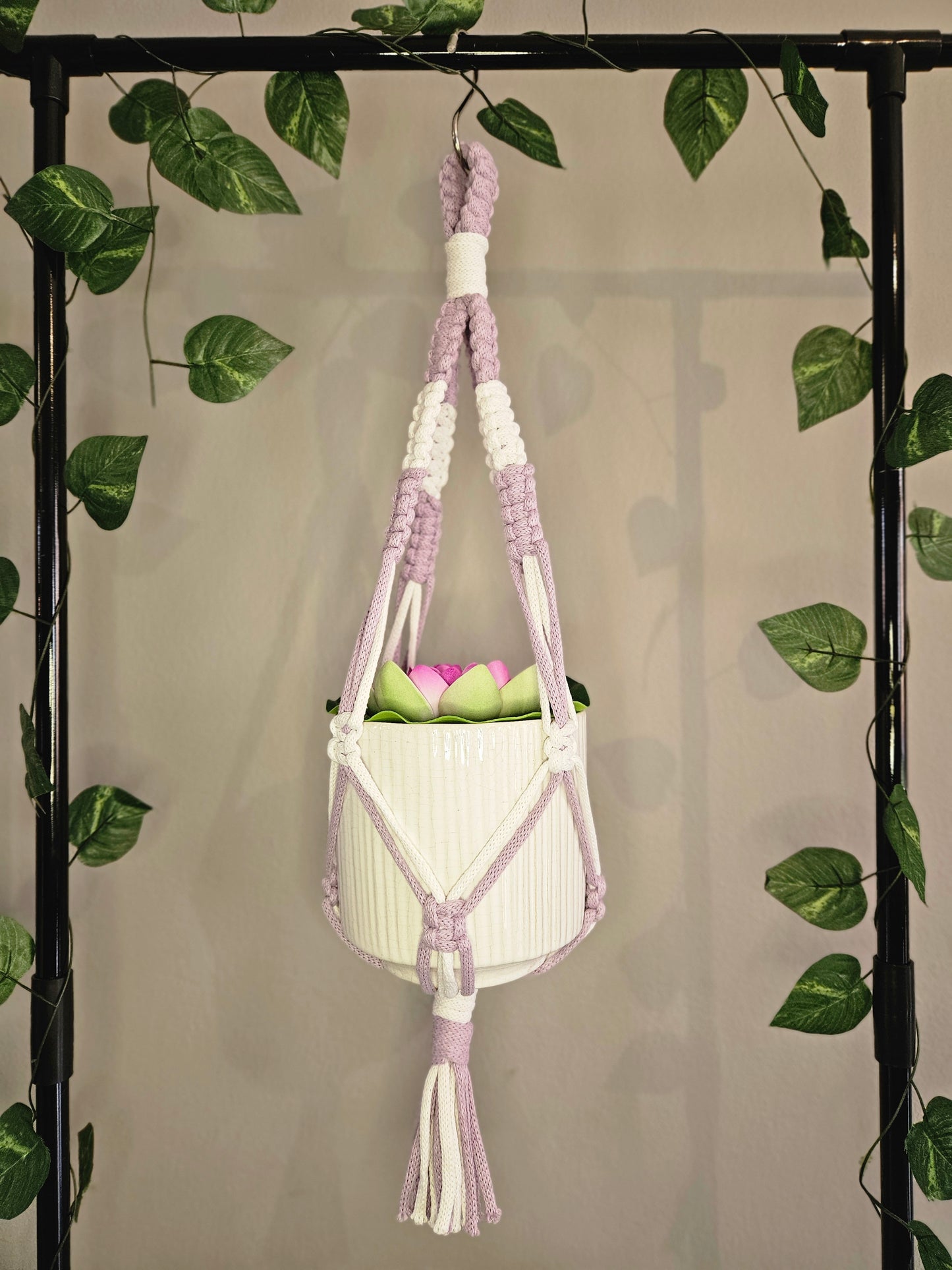 Knotted Duet Macramé Plant Hanger - Lavender and Snow White