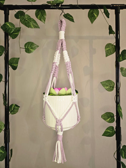 Knotted Duet Macramé Plant Hanger - Lavender and Snow White