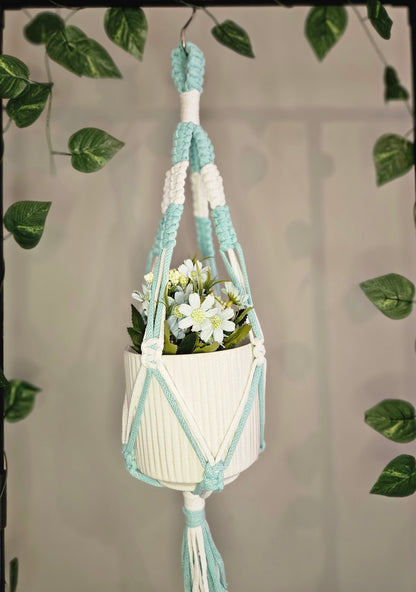 Knotted Duet Macramé Plant Hanger - Snow White and Teacup Teal