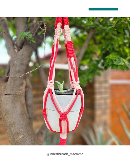 Knotted Duet Macramé Plant Hanger - Classic Red and Old Rose